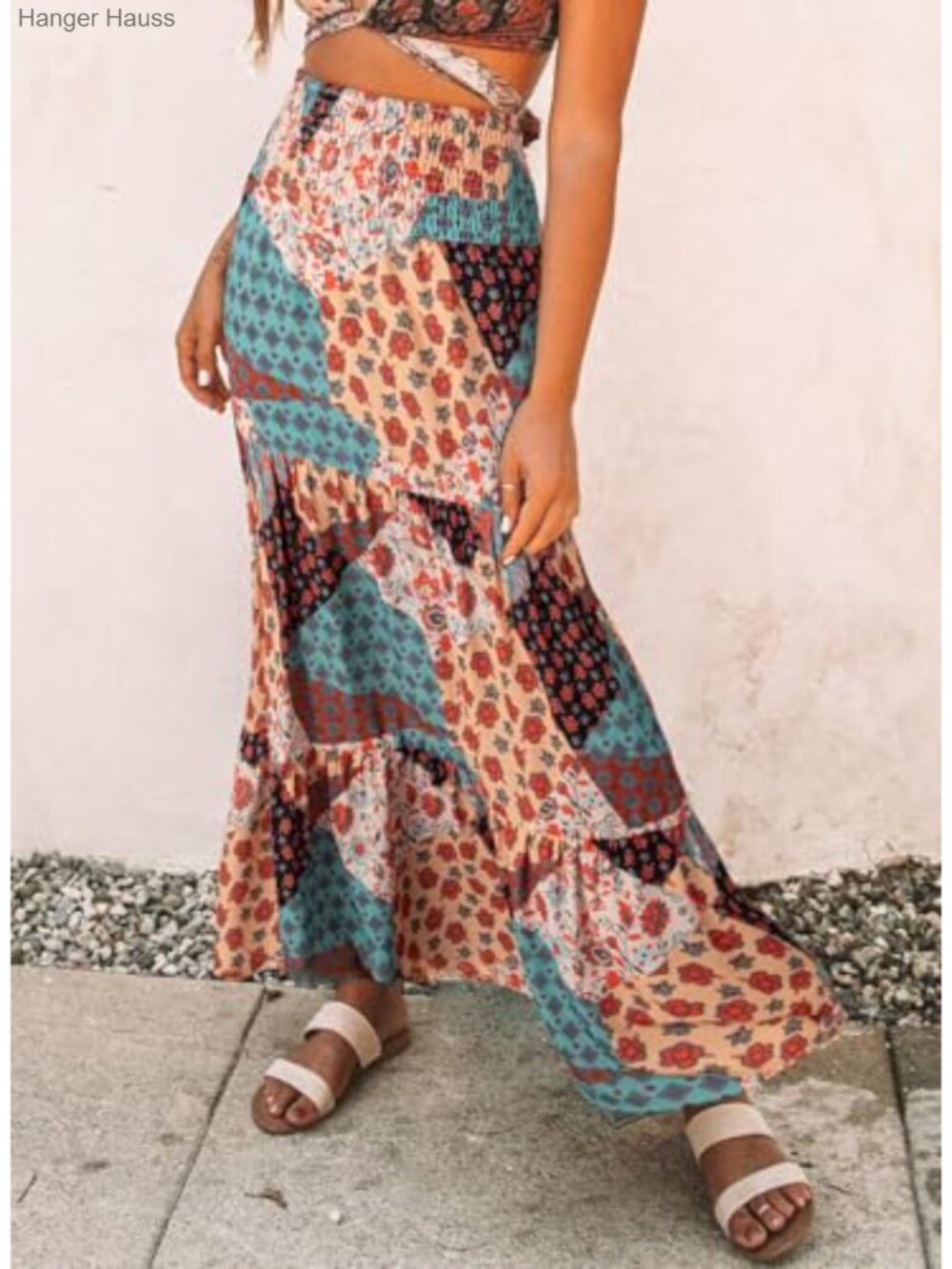 Womens Floral Print Boho Maxi Skirt Elastic High Waist Pleated Ruffle Flowy - Picture 2 of 6